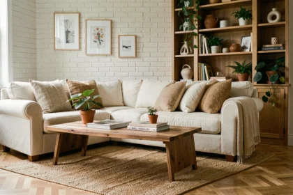 Salon chaleureux et bien décoré avec canapé crème, tapis tressé et plantes vertes pour une maison agréable
