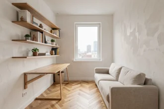 Salon minimaliste avec meubles gain de place et étagères murales pour optimiser l'espace