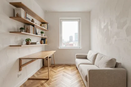 Salon minimaliste avec meubles gain de place et étagères murales pour optimiser l'espace