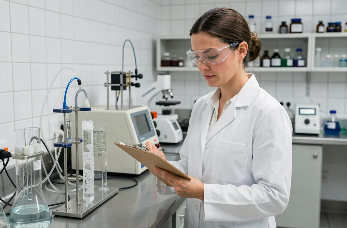 Scientifique analysant un dispositif d'électrolyse de l'eau pour produire de l'hydrogène en laboratoire