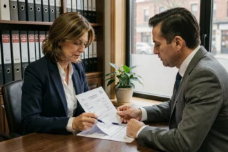 Signature d'un bail commercial entre un propriétaire et un locataire dans un bureau notarial