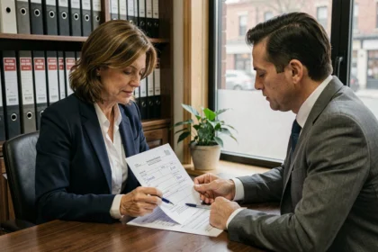 Signature d'un bail commercial entre un propriétaire et un locataire dans un bureau notarial