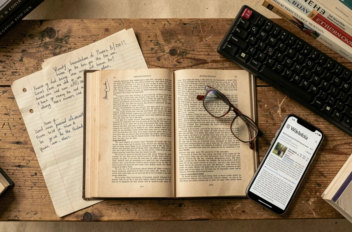 Vue aérienne d'un bureau de chercheur avec livres, notes et sources numériques représentant les données textuelles utilisées pour former des modèles comme ChatGPT