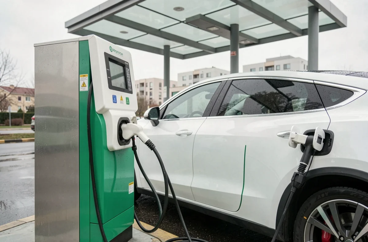 Station de recharge hydrogène avec une voiture à pile à combustible branchée à la pompe