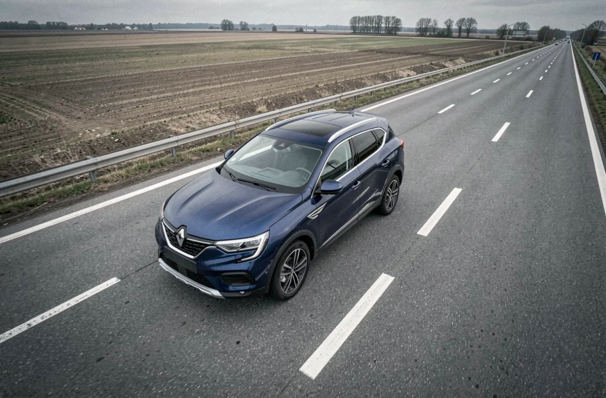 Vue aérienne d'un SUV hybride Renault Arkana sur autoroute française entouré de champs agricoles
