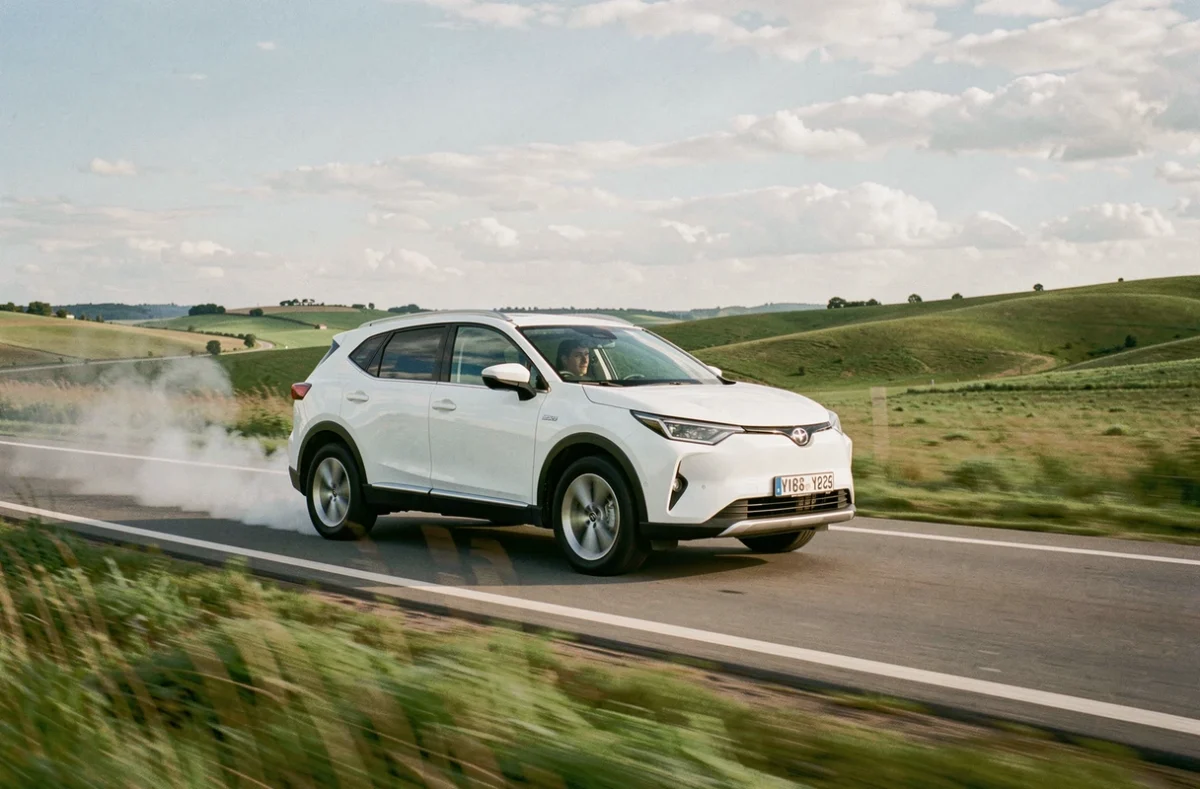 SUV à hydrogène roulant sur une route de campagne avec rejet de vapeur d'eau visible à l'échappement
