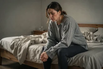 Femme assise seule sur un lit avec une posture repliée sur elle-même, illustrant les symptômes du mal-être et de l'épuisement émotionnel