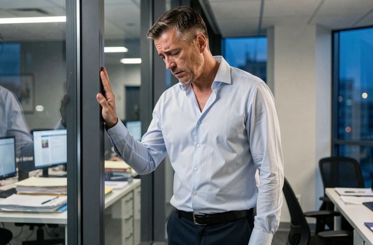 Homme d'âge mûr debout devant une fenêtre de bureau, la tête baissée, symbolisant le stress, le mal-être professionnel et l'isolement émotionnel