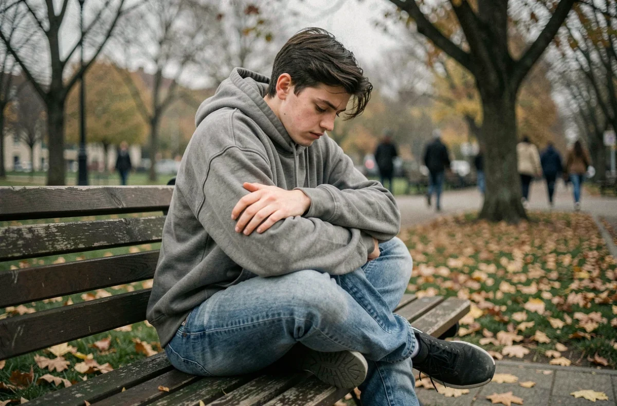 Jeune adulte assis seul sur un banc de parc en automne, posture repliée sur soi, illustrant les symptômes du mal-être et de la solitude émotionnelle