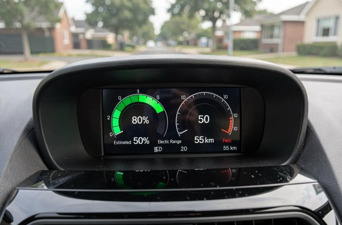 Gros plan sur le tableau de bord numérique d'une voiture hybride affichant la jauge d'énergie électrique et l'autonomie restante en mode électrique