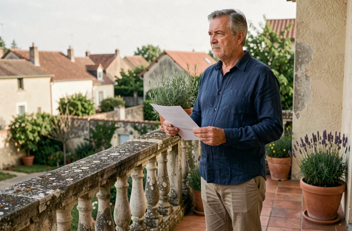 Homme tenant un avis fiscal sur la terrasse de sa résidence secondaire dans un village français