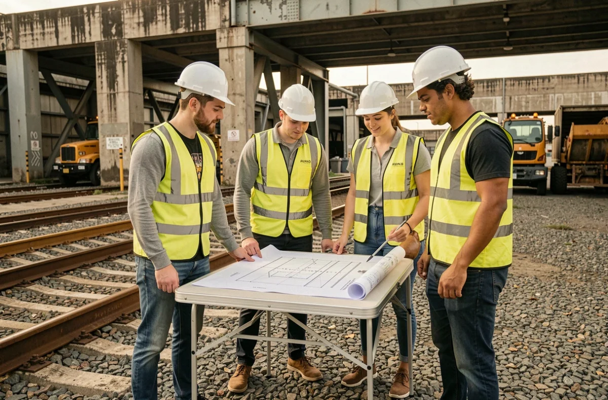 Groupe de jeunes techniciens en formation sur un chantier ferroviaire SNCF avec des plans techniques