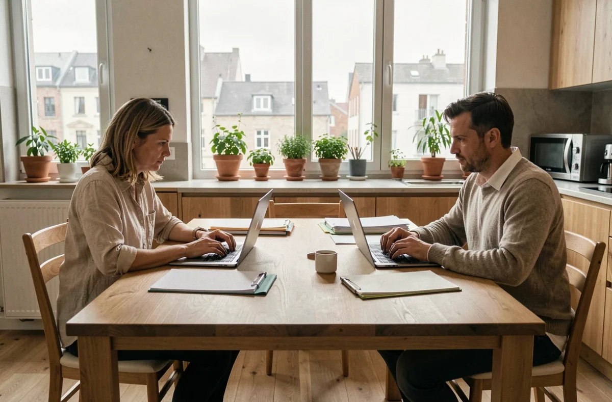 Un couple travaillant depuis leur domicile à la même table, illustrant les défis du télétravail en couple