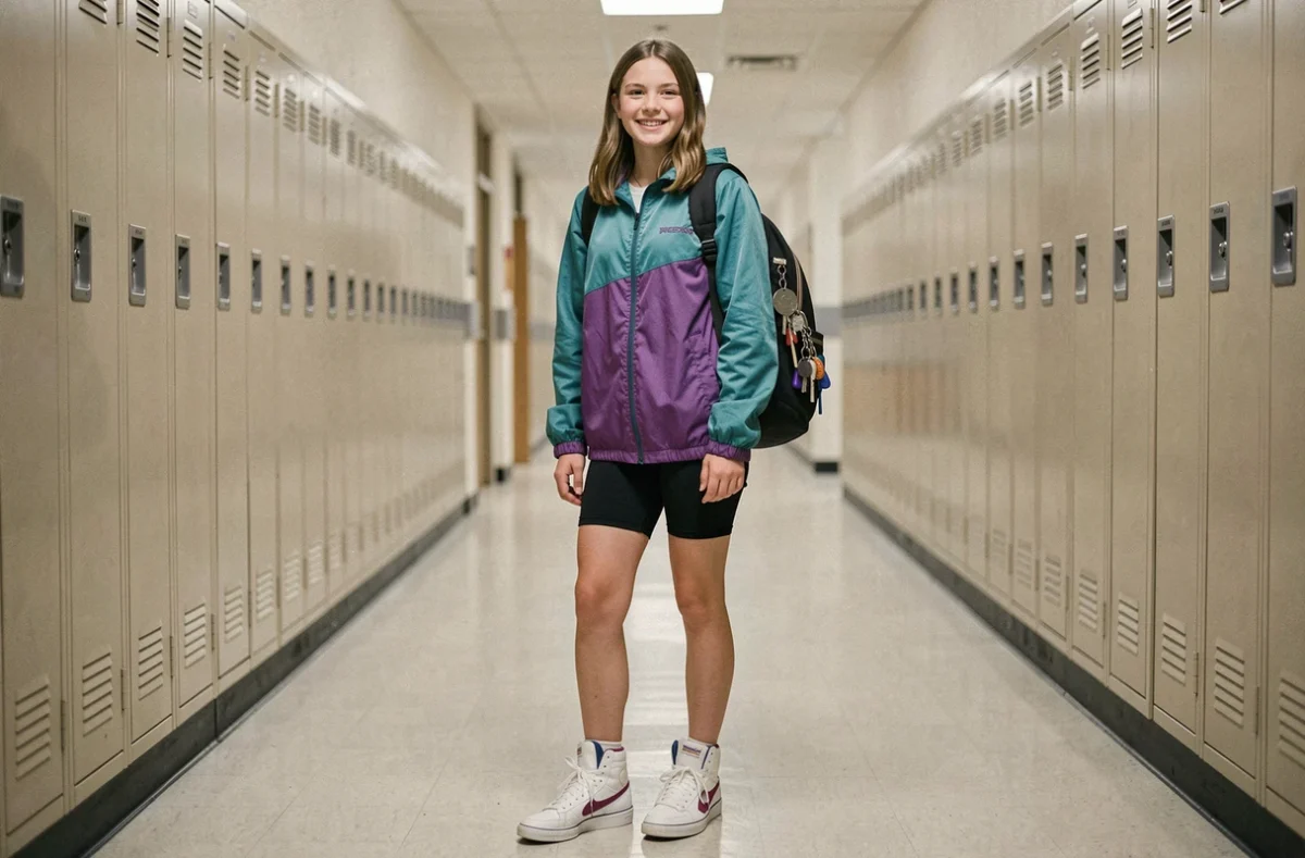 Adolescente portant une tenue colorée color-block typique des années 1994 avec coupe-vent, cycliste et baskets dans un couloir scolaire
