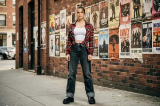 Jeune femme portant une tenue grunge typique des années 1994 avec jean taille haute, chemise à carreaux et bottines plateformes sur un trottoir urbain