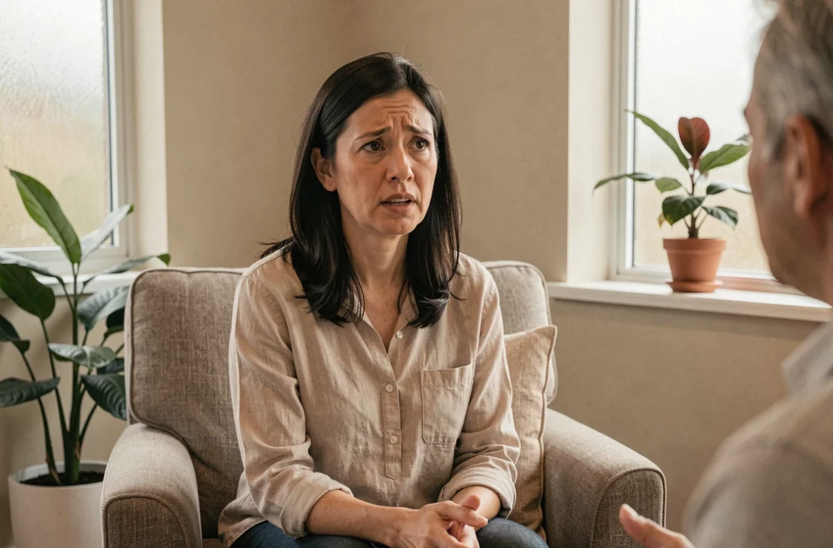 Femme adulte en séance de thérapie évoquant sa relation difficile avec un parent toxique dans un cadre bienveillant