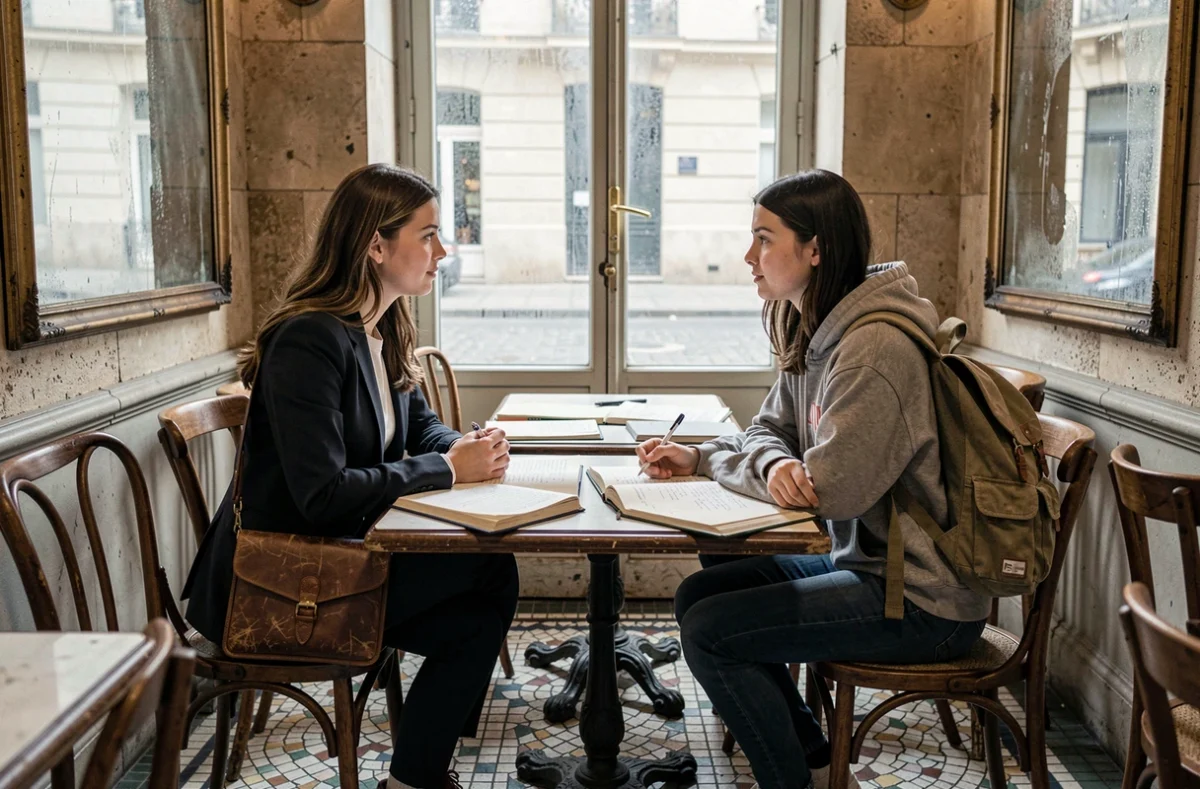 Deux étudiantes aux codes vestimentaires contrastés discutant de la théorie de la distinction de Bourdieu autour de livres de sociologie dans un café parisien