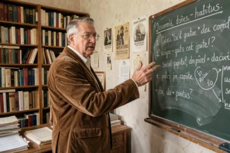 Professeur universitaire expliquant la théorie de Bourdieu sur le capital social et l'habitus devant un tableau noir dans un bureau académique chargé de livres de sociologie