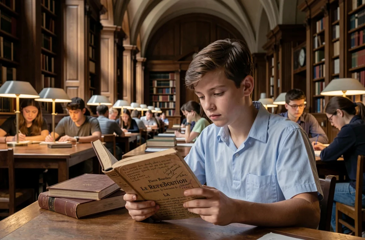 Adolescent lisant La Reproduction de Pierre Bourdieu dans une grande bibliothèque publique française, entouré d'étudiants aux origines sociales variées illustrant la théorie des champs