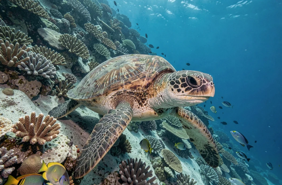 Tortue marine nageant au-dessus d'un récif corallien stressé par le réchauffement climatique, illustrant la menace sur la faune marine