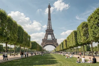 Vue grand angle de la Tour Eiffel depuis le Champ de Mars avec des visiteurs se promenant sur l'allée centrale du parc parisien