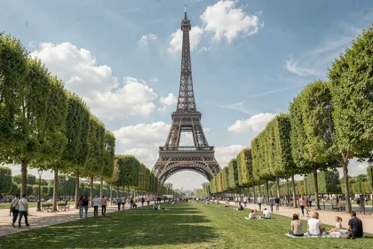 Vue grand angle de la Tour Eiffel depuis le Champ de Mars avec des visiteurs se promenant sur l'allée centrale du parc parisien