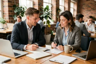 Un couple de collègues travaillant ensemble dans un espace de co-working moderne, illustrant la collaboration professionnelle entre conjoints