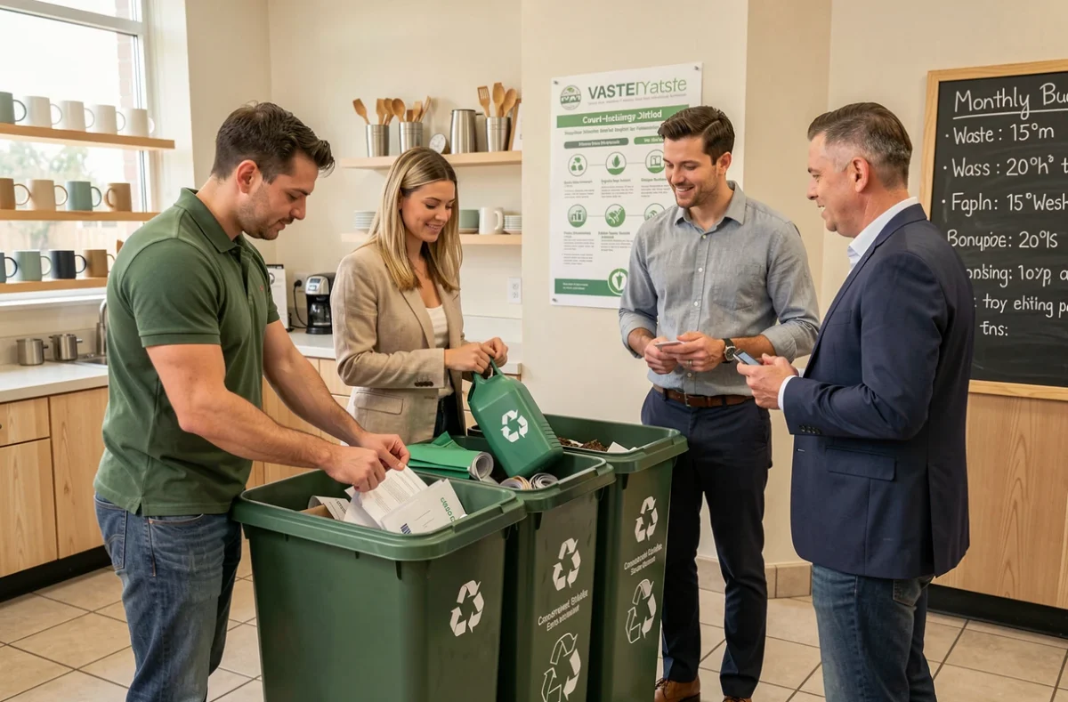 Des collègues en entreprise trient les déchets et participent à un programme de compostage pour réduire l'impact environnemental au bureau