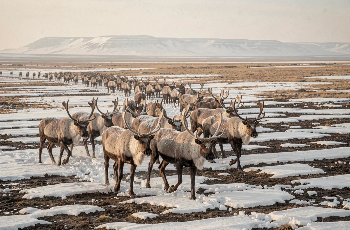 Troupeau de caribous en migration sur la toundra arctique avec neige et sol partiellement découvert, illustrant les perturbations climatiques dans l'Arctique