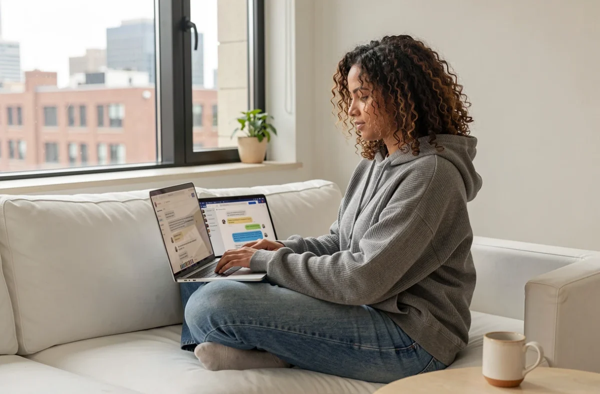 Utilisatrice interagissant avec une interface de chat IA depuis chez elle, illustrant les données conversationnelles utilisées pour entraîner ChatGPT