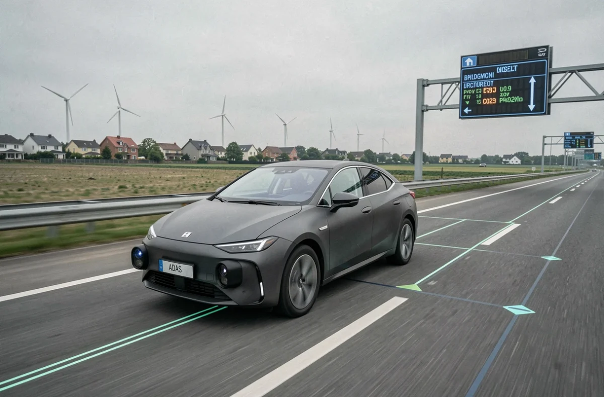 Véhicule autonome 2026 équipé de capteurs ADAS roulant sur une autoroute intelligente connectée
