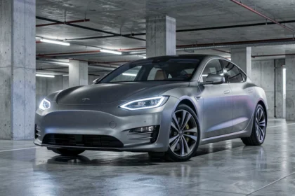 Voiture électrique 2026 avec technologie LiDAR et toit panoramique dans un garage urbain moderne