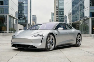 Voiture électrique futuriste garée sur une place urbaine moderne avec des reflets de gratte-ciels en verre