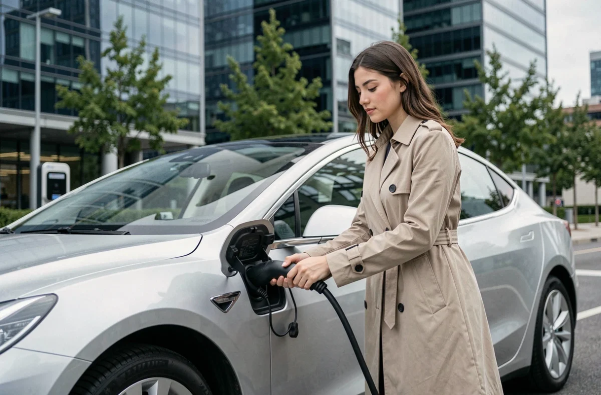 Femme branchant une voiture électrique moderne à une borne de recharge en ville, symbolisant l'évolution technologique de l'automobile