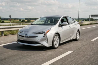 Voiture hybride Toyota Prius roulant sur une autoroute française à vitesse optimale