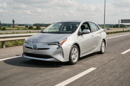 Voiture hybride Toyota Prius roulant sur une autoroute française à vitesse optimale