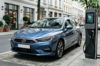 Voiture hybride branchée à une borne de recharge en ville avec affichage de l'autonomie électrique sur le tableau de bord