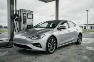 Voiture à hydrogène garée à une station de recharge hydrogène sous un ciel nuageux