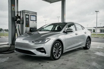Voiture à hydrogène garée à une station de recharge hydrogène sous un ciel nuageux