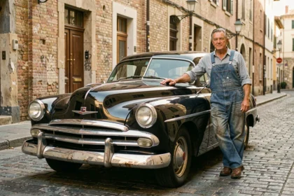 Voiture vintage des années 1950 garée sur des pavés dans une ruelle européenne, illustrant les débuts de l'automobile