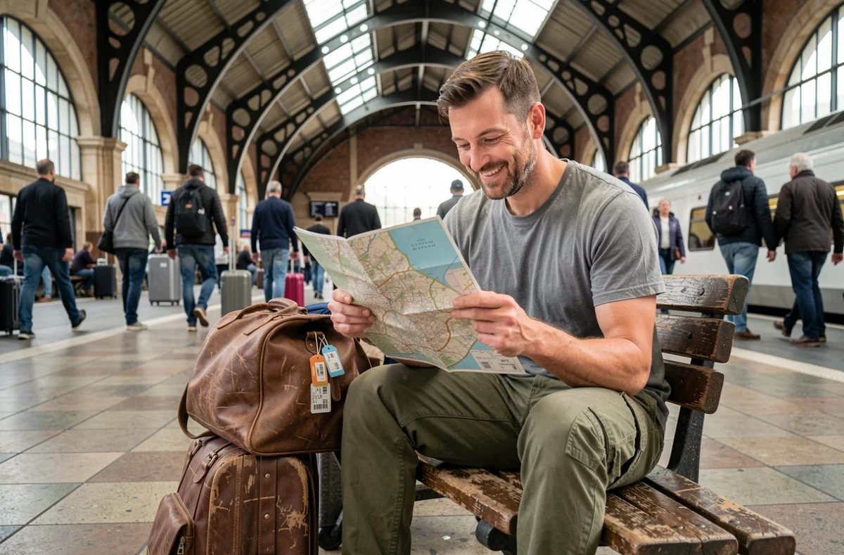 Homme voyageur assis dans une gare avec carte et bagage, symbolisant le mode de vie nomade et les déplacements constants