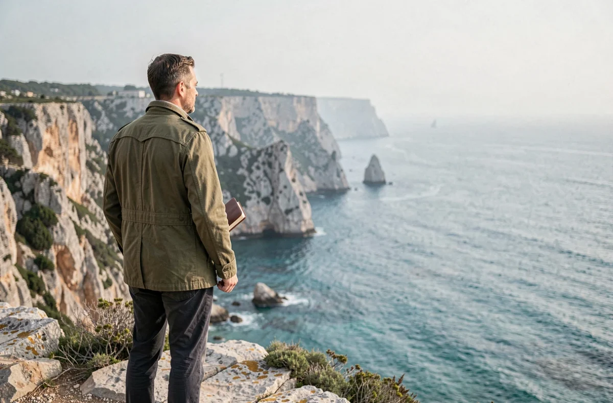Voyageur solitaire contemplant un panorama côtier depuis une falaise calcaire au bord de l'océan