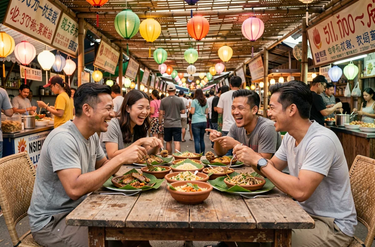 Groupe de voyageurs partageant des plats locaux dans un marché de rue animé en Asie du Sud-Est