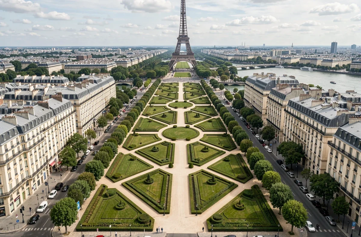 Vue aérienne du parc du Champ de Mars à Paris montrant la géométrie des jardins et la Tour Eiffel en fond