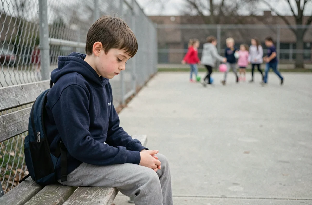 Garçon de 7 ans assis seul sur un banc de cour d'école avec son sac à dos, symbolisant l'isolement et la vulnérabilité sociale en milieu scolaire