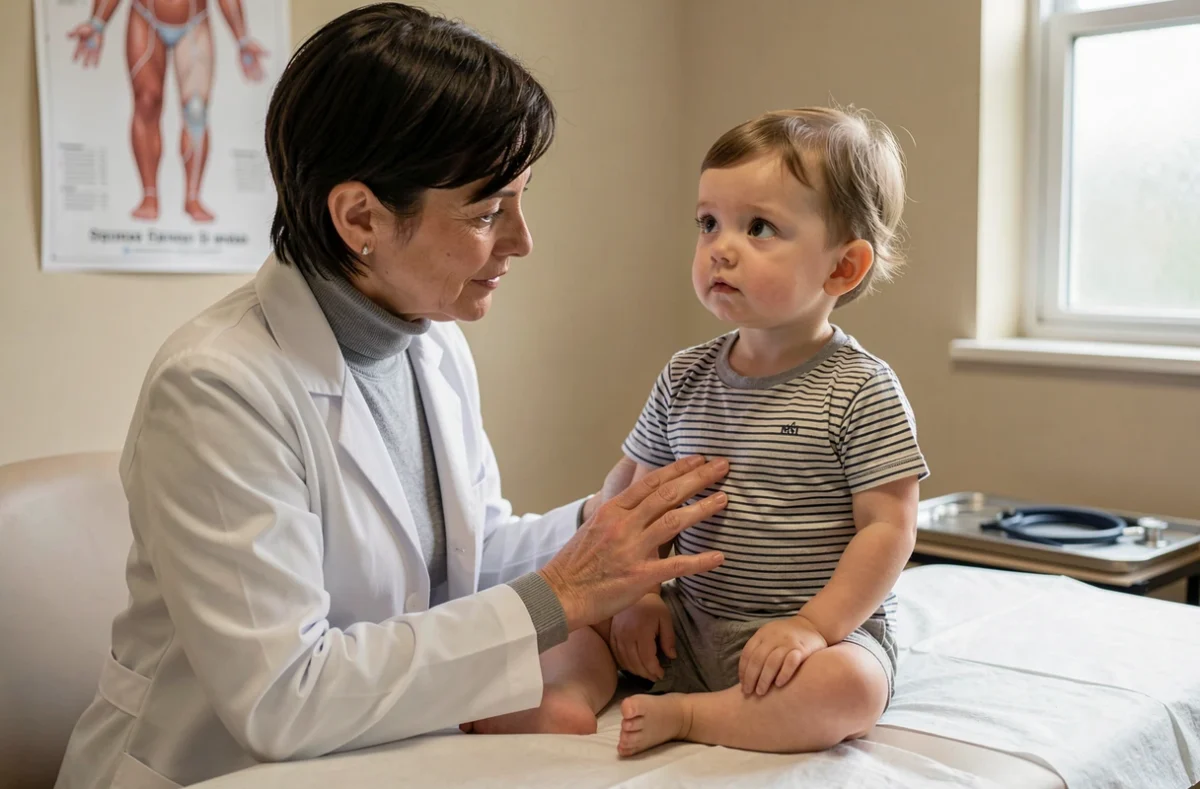 Pédiatre examinant un enfant en bas âge dans un cabinet médical, illustrant le suivi médical et la vulnérabilité physique des jeunes enfants