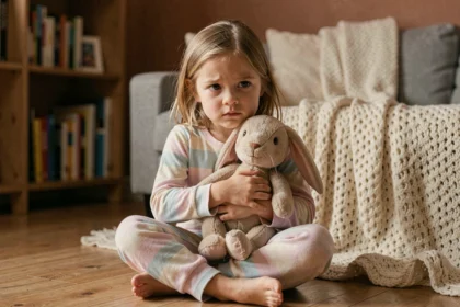 Petite fille de 4 ans assise sur un plancher en bois serrant un lapin en peluche, illustrant la vulnérabilité émotionnelle de la petite enfance